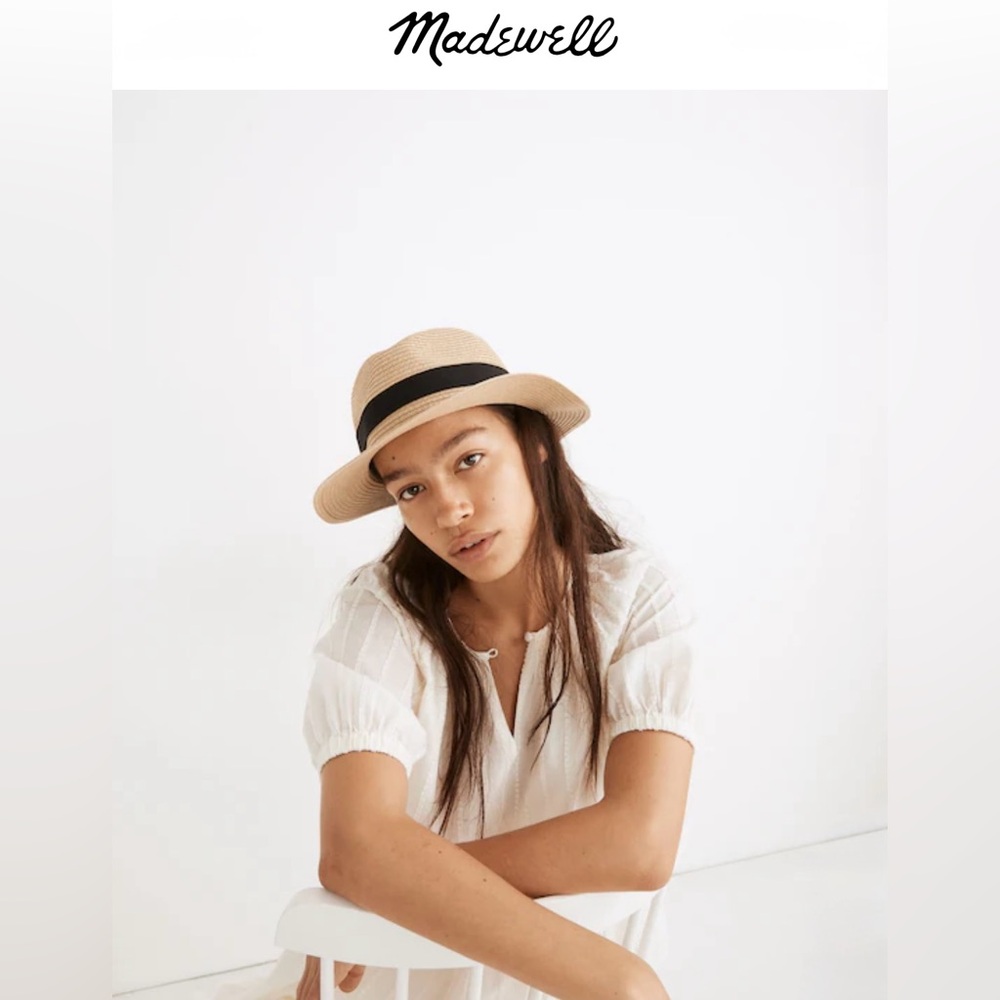 Madewell Beige Straw Hat with Black Ribbon Packable Straw Fedora Hat M/L New